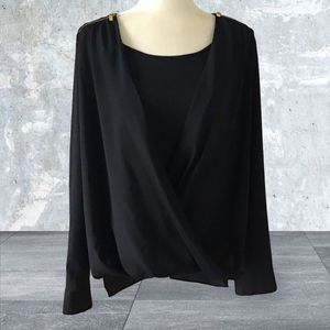 CALVIN KLEIN Top Blouson Drape Black Zipper Shoulders Long Sleeve/Button up NS